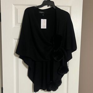 Adrienne Landau Black Poncho with Faux Fur Accents